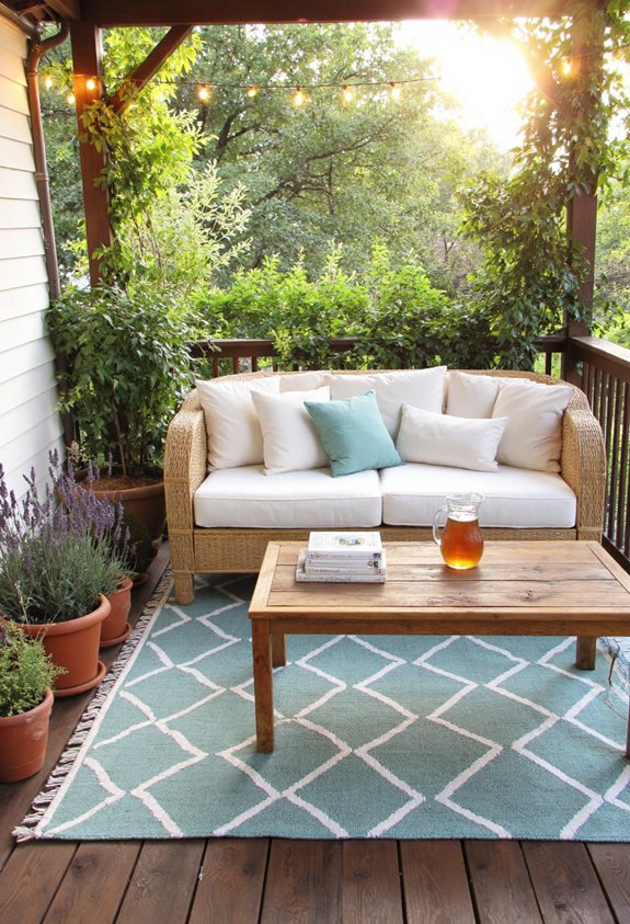 geometric rug anchors porch