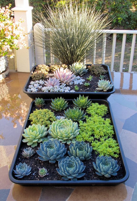 shallow tray rainbow succulents