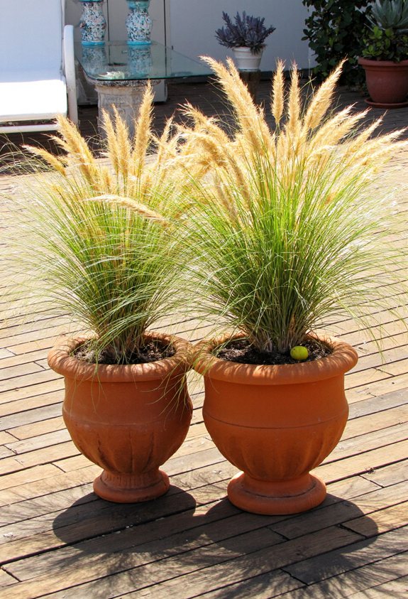 terracotta urns with drought tolerant grasses