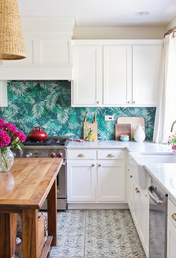 tropical print kitchen backsplash