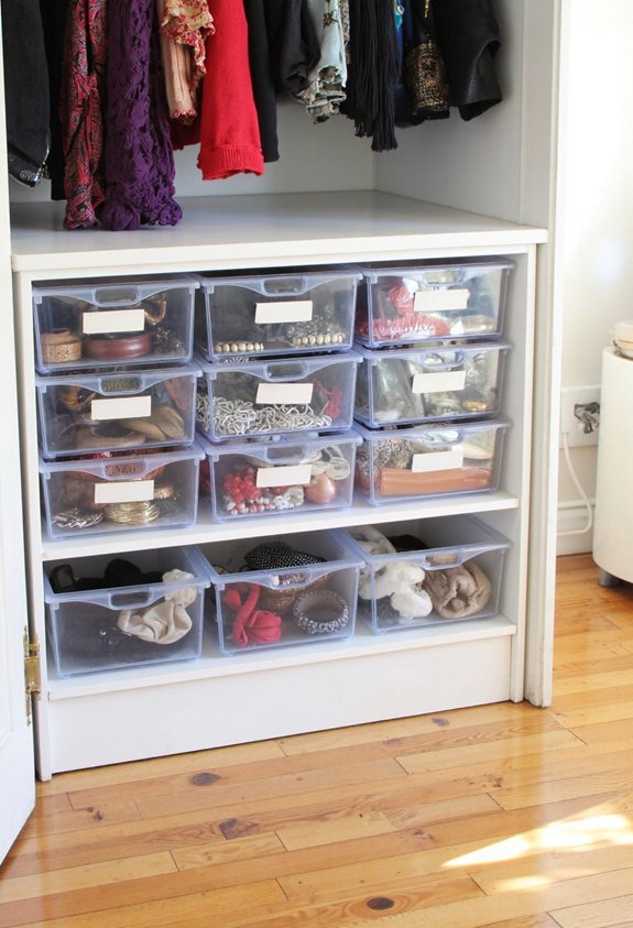 clear bins with labels