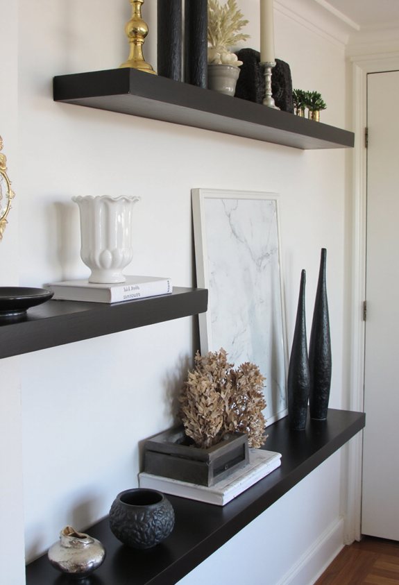 contrasting accessories enliven shelves
