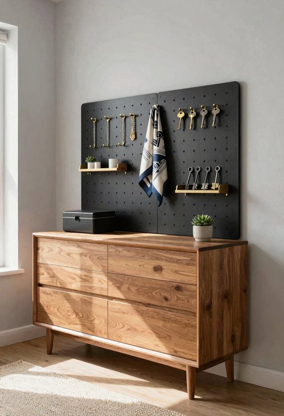 pegboard organizer above dresser