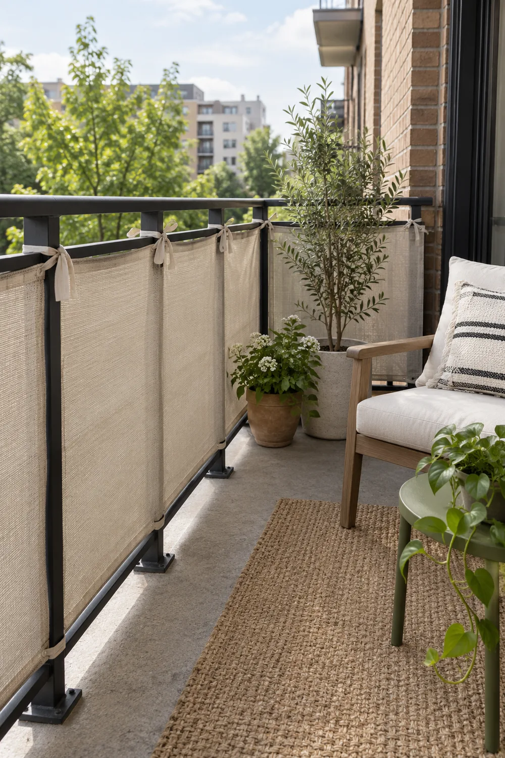 Fabric privacy panel tied to the inside of an apartment balcony railing