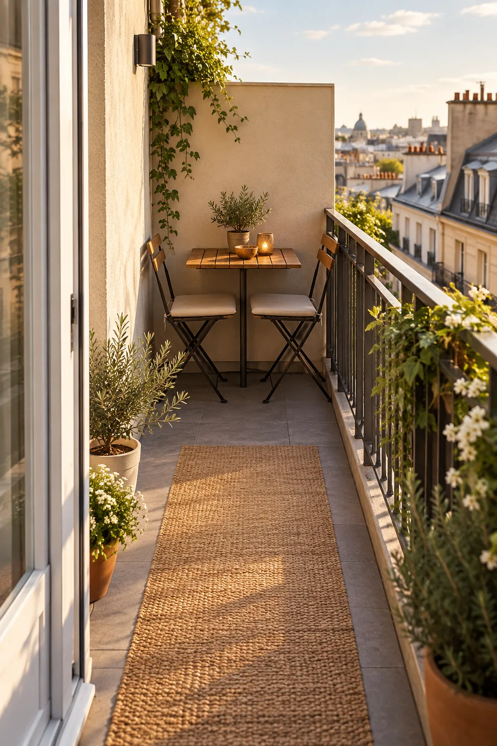 Two small chairs and a bistro table arranged at the short end of a balcony