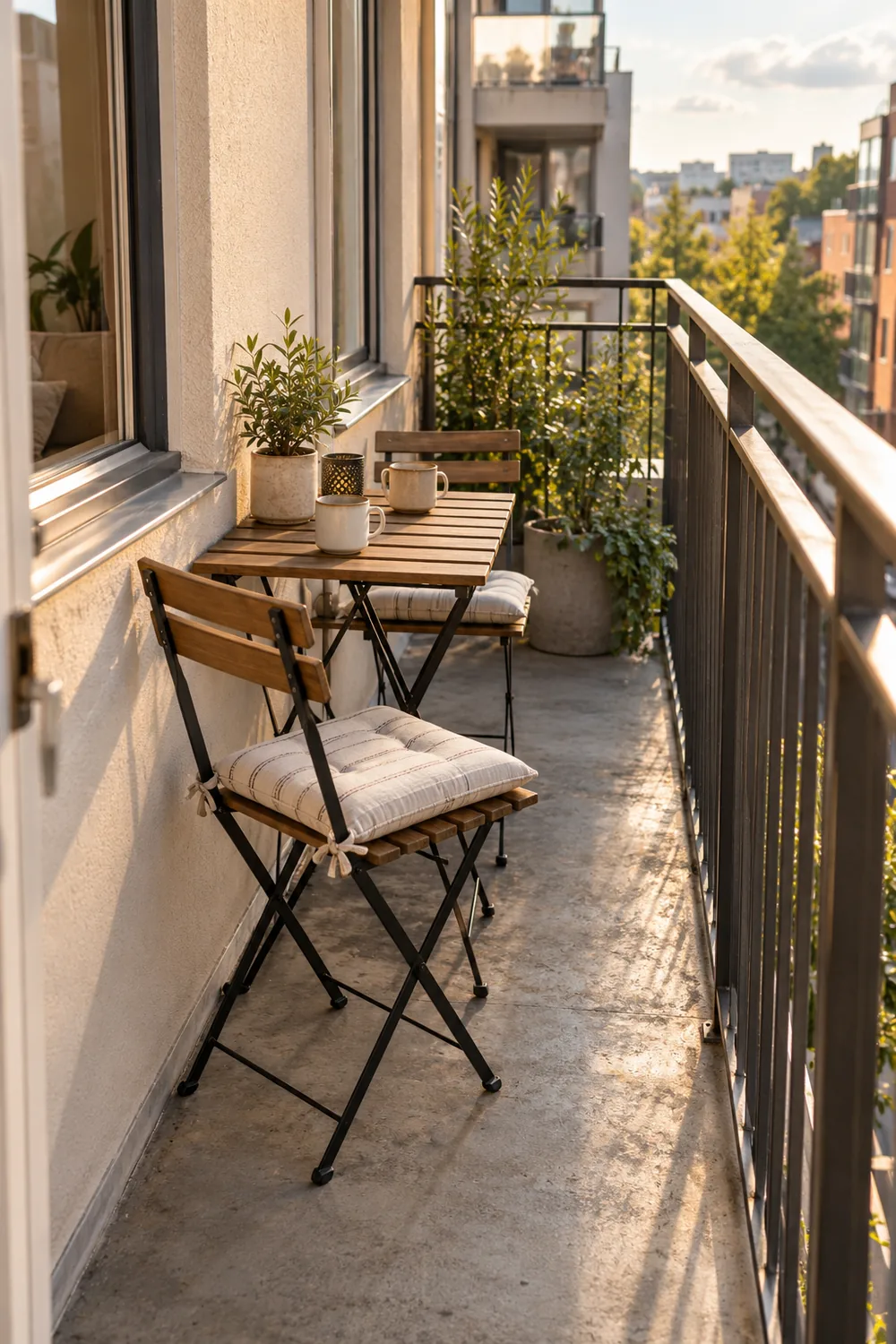 Narrow apartment balcony with a compact folding bistro table and chairs