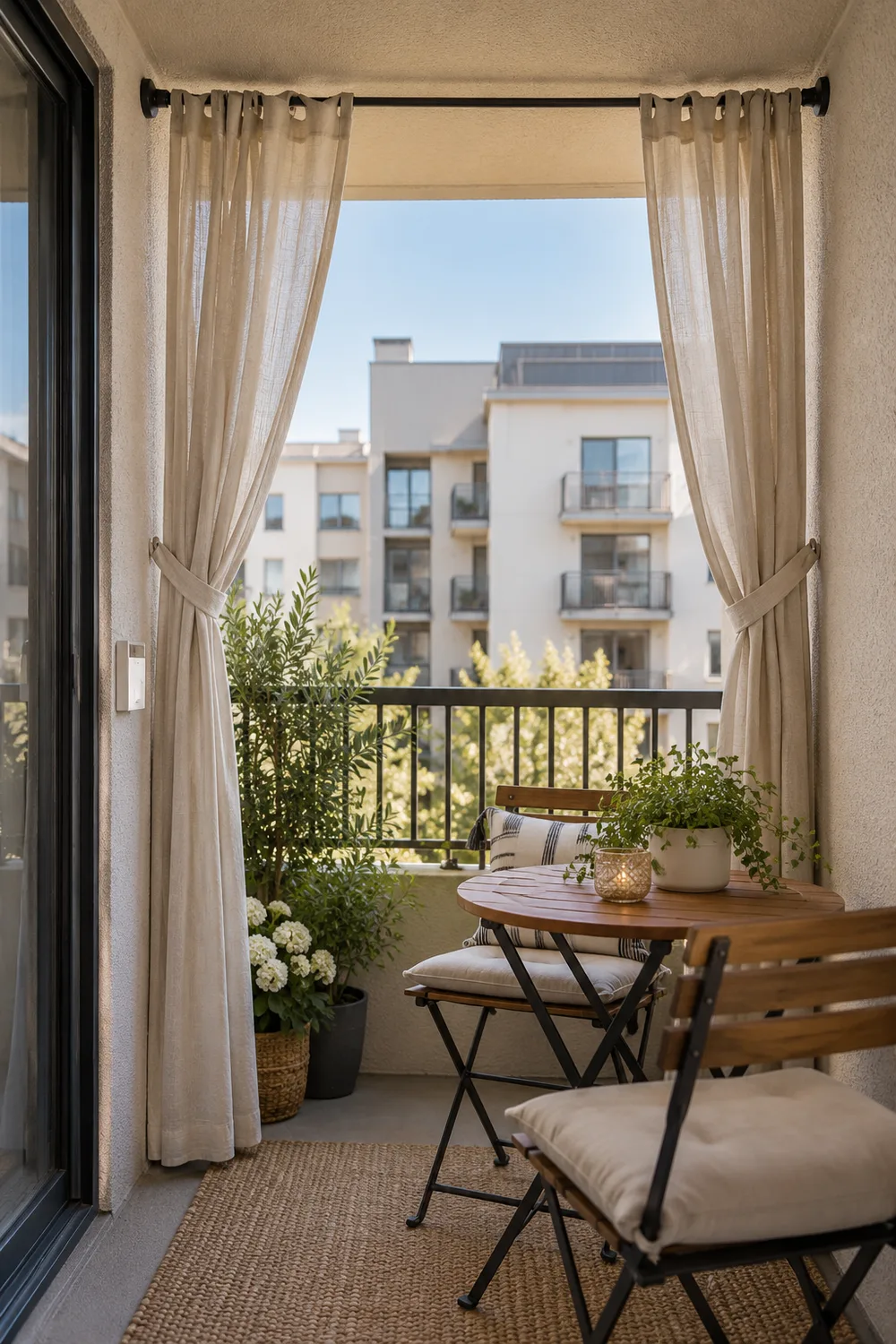 Light outdoor curtains hanging from a tension rod on a recessed balcony
