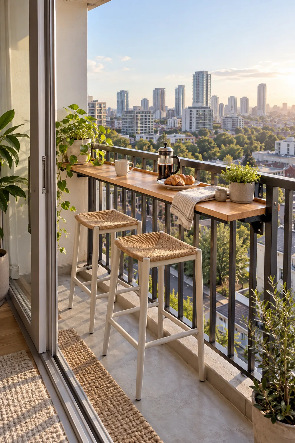 Slim breakfast counter and stools facing the view from an apartment balcony