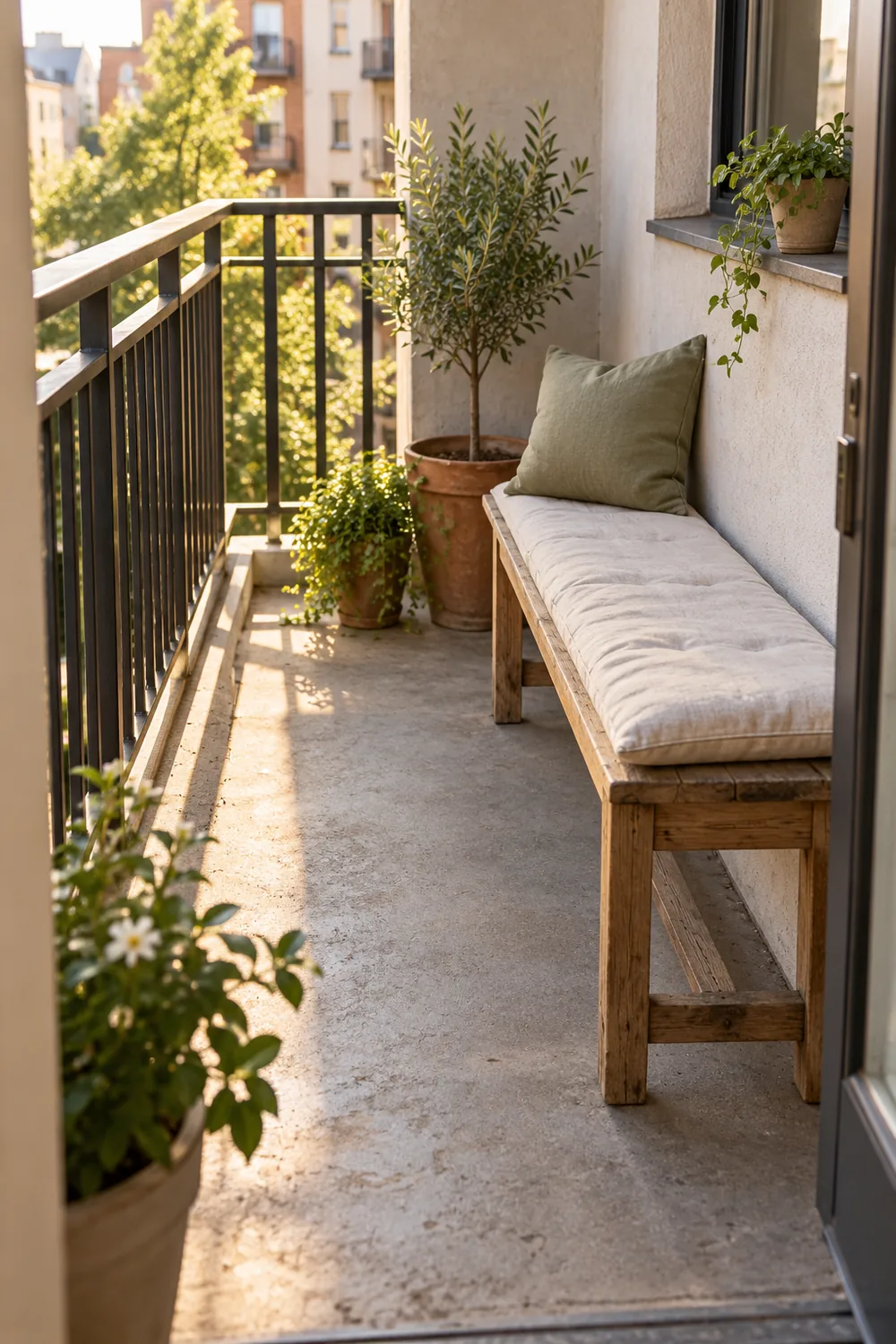 Small apartment balcony with a narrow wooden bench and simple cushion