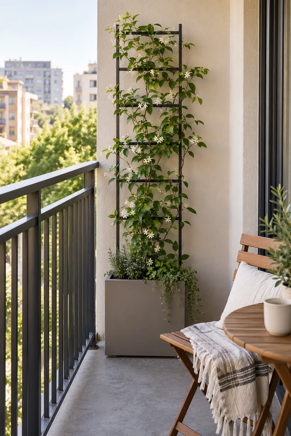 Freestanding trellis set into a broad planter on a rental balcony
