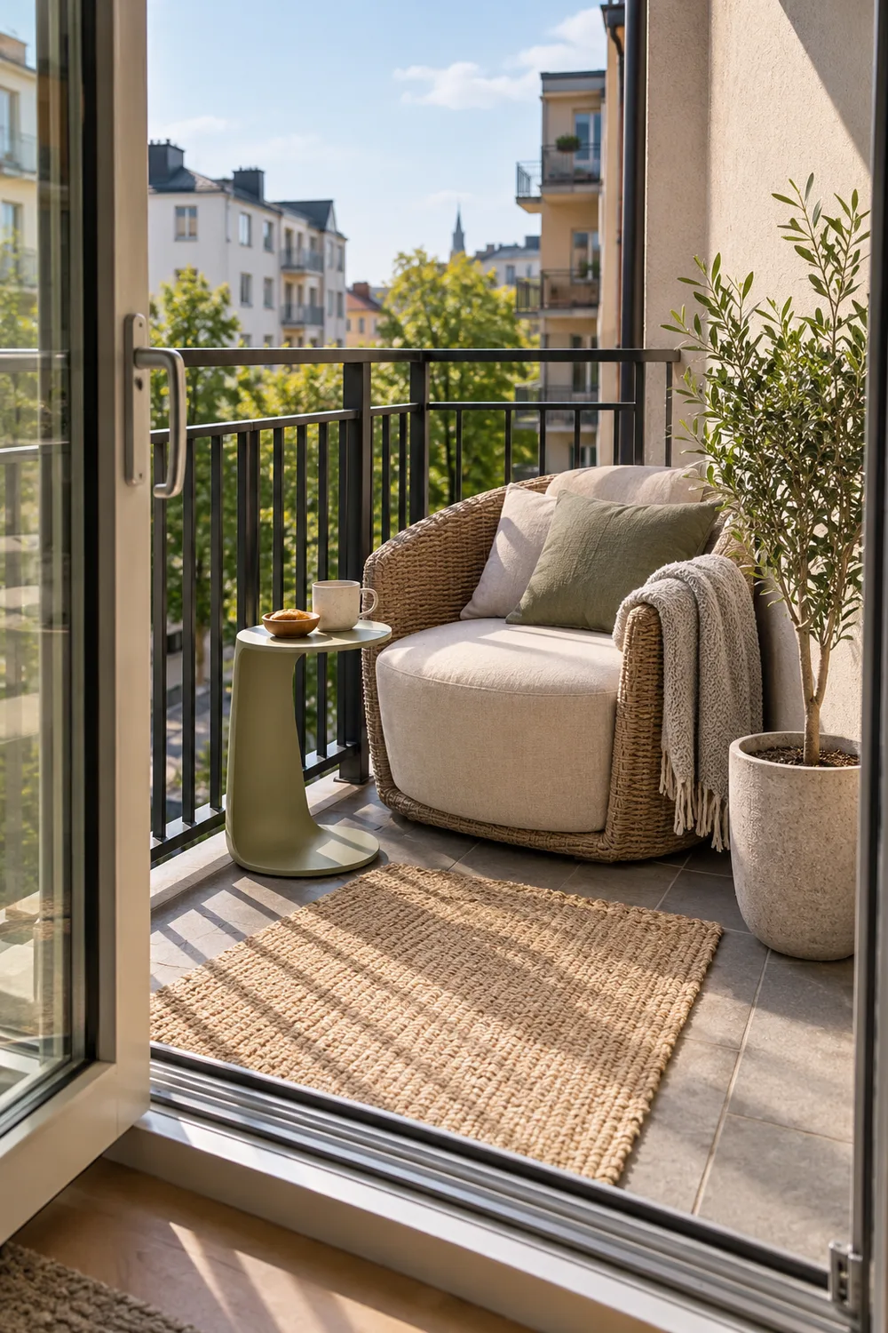 Compact rounded outdoor chair fitted into a balcony corner