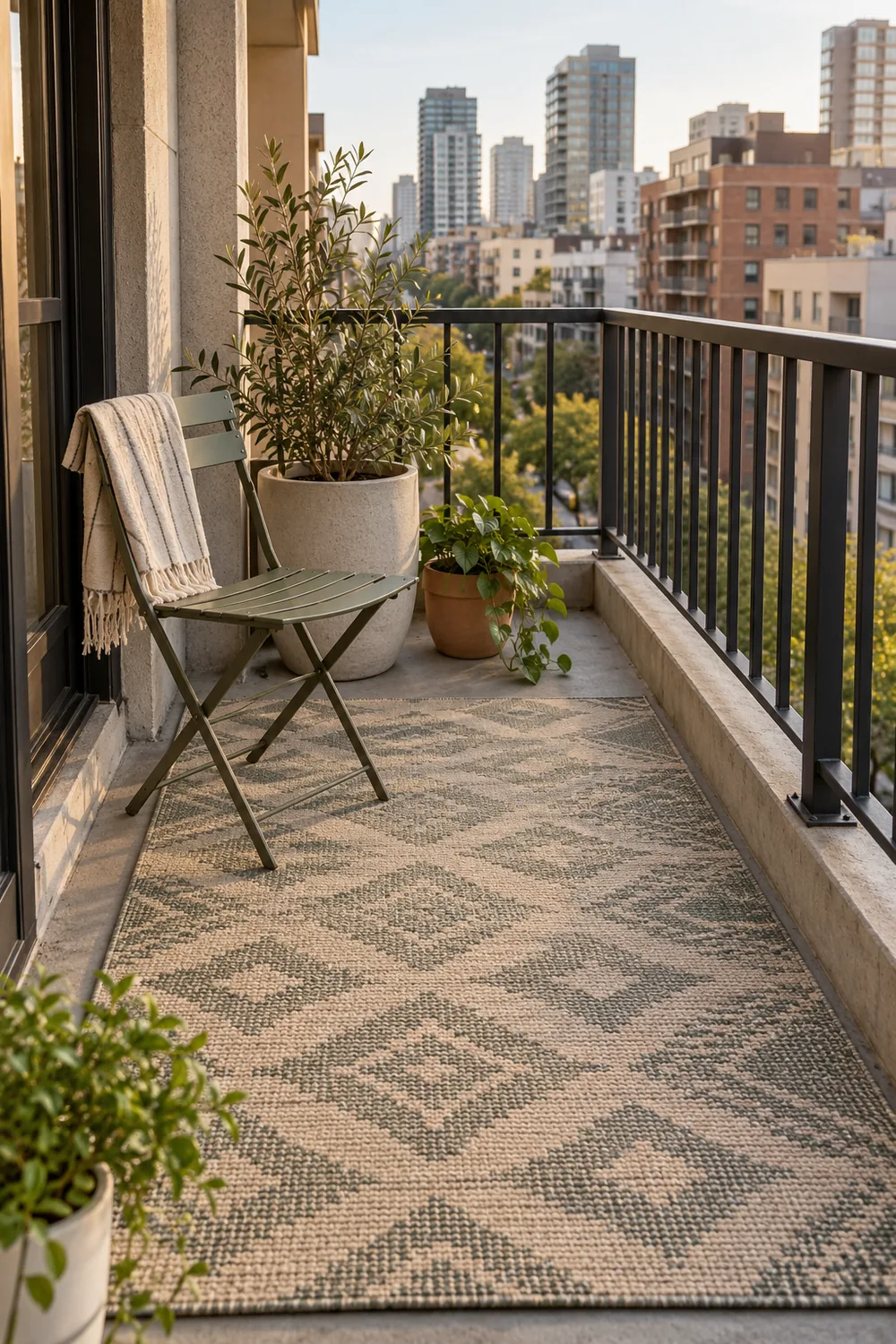 Small city balcony with a muted geometric outdoor rug