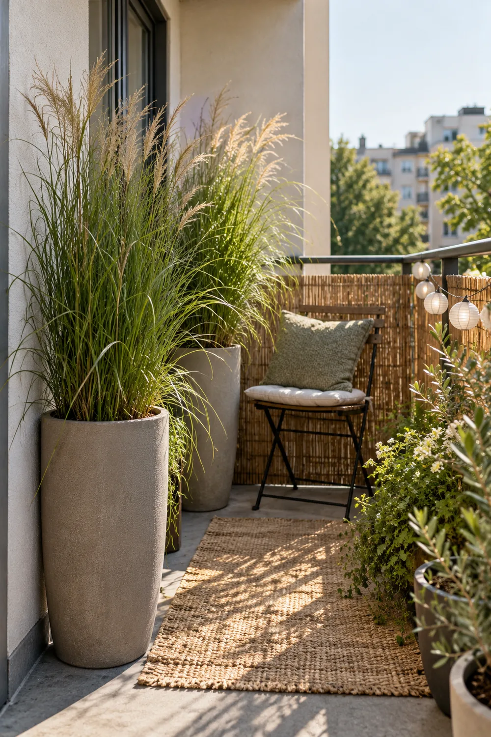 Tall planters with ornamental grasses screening a balcony chair