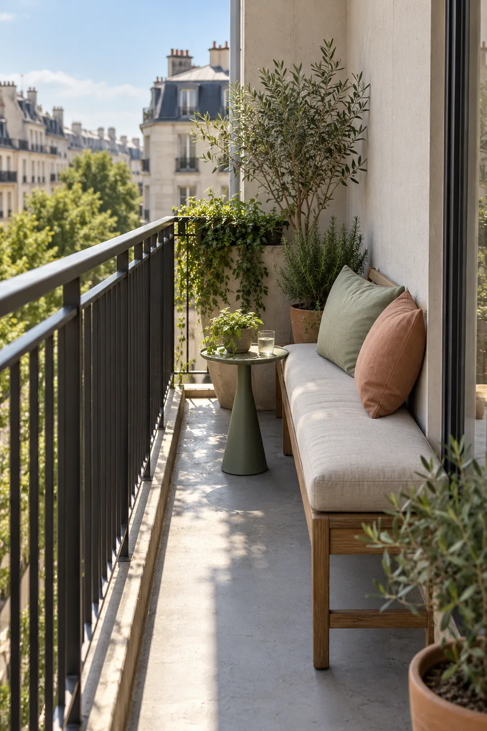 Shallow cushioned bench placed along one side of a narrow balcony