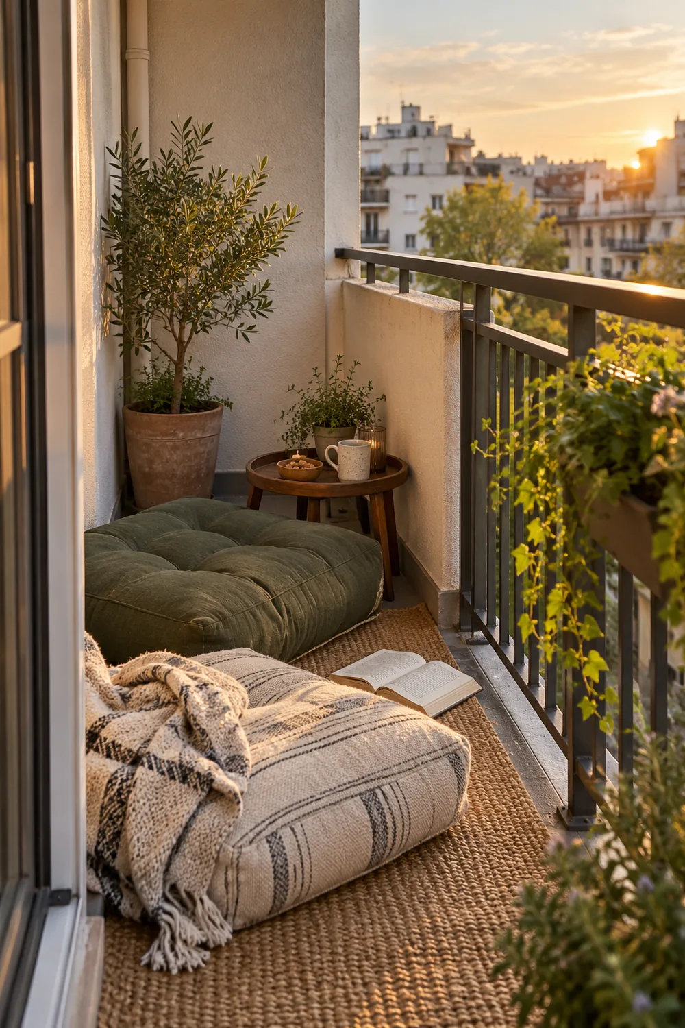 Tiny balcony reading nook with weather-resistant floor cushions
