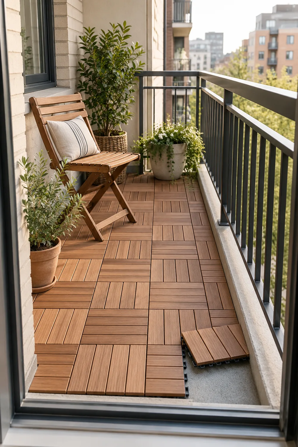 Removable click-together wood-look deck tiles on a compact apartment balcony