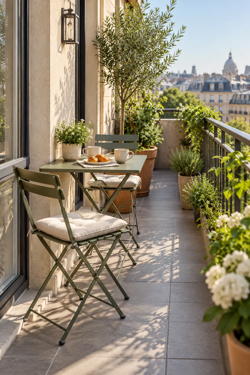 Folding dining table and chairs arranged on an apartment balcony