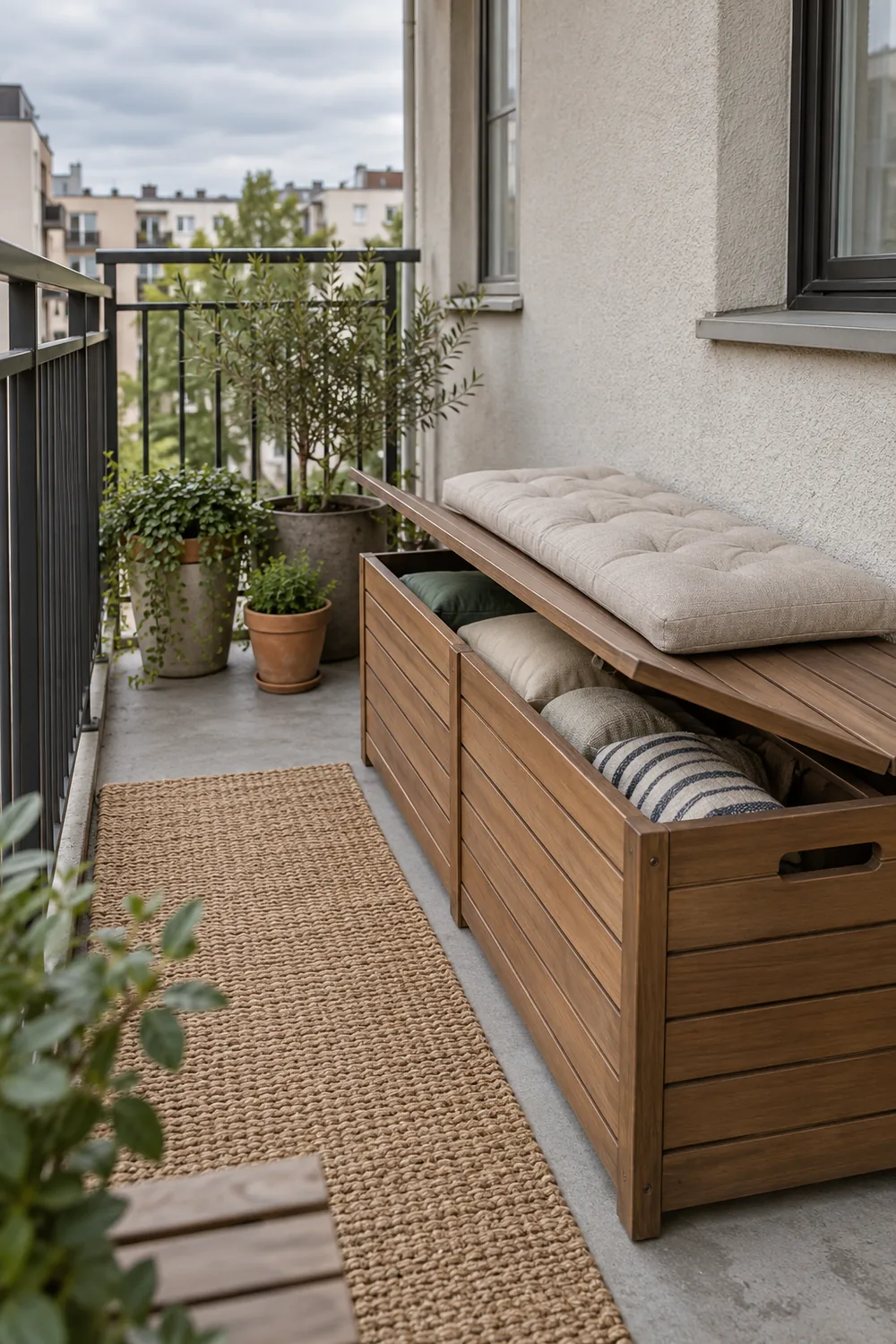 Apartment balcony with a compact outdoor bench storing cushions