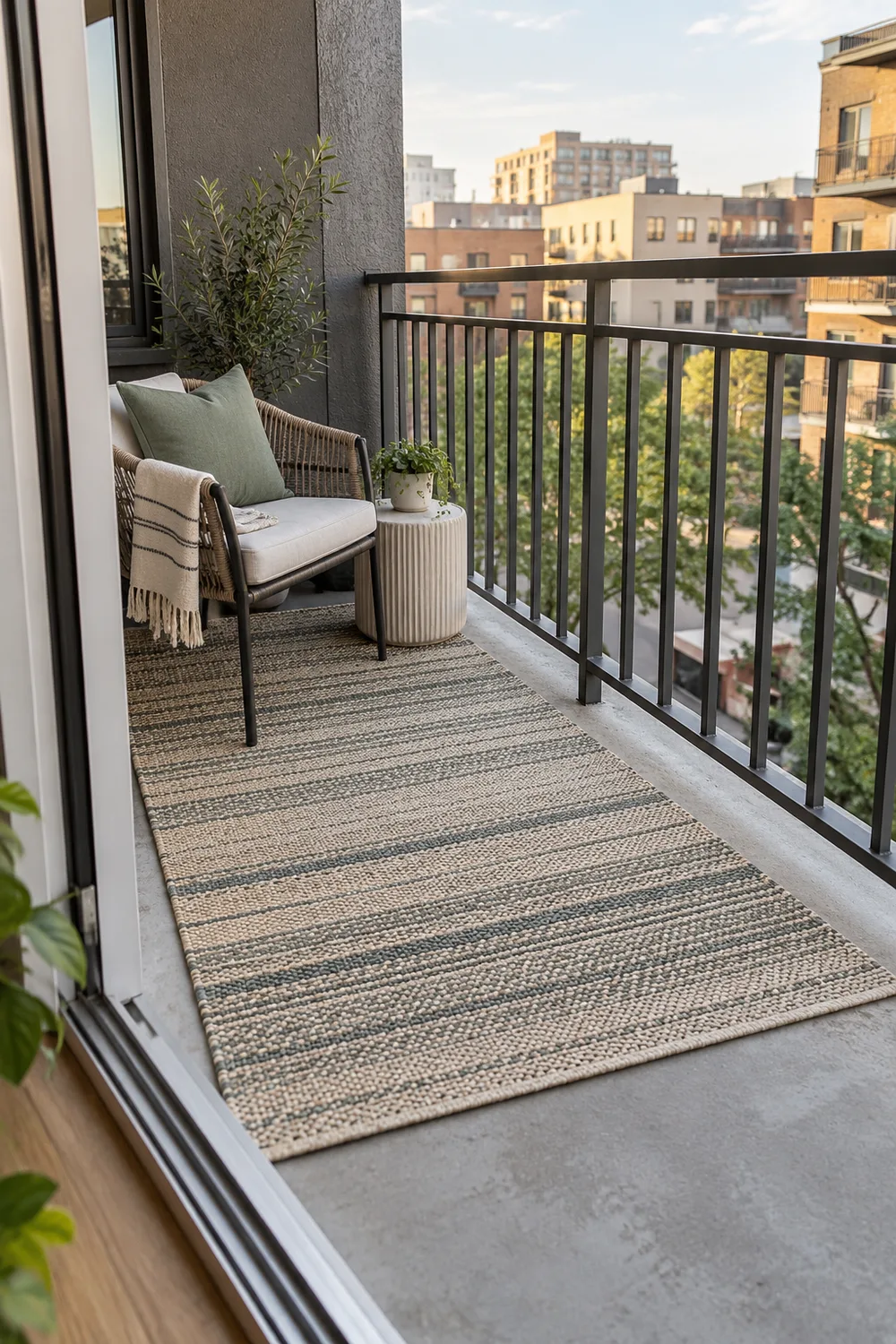 Flatwoven outdoor rug beneath a chair on a narrow rental balcony