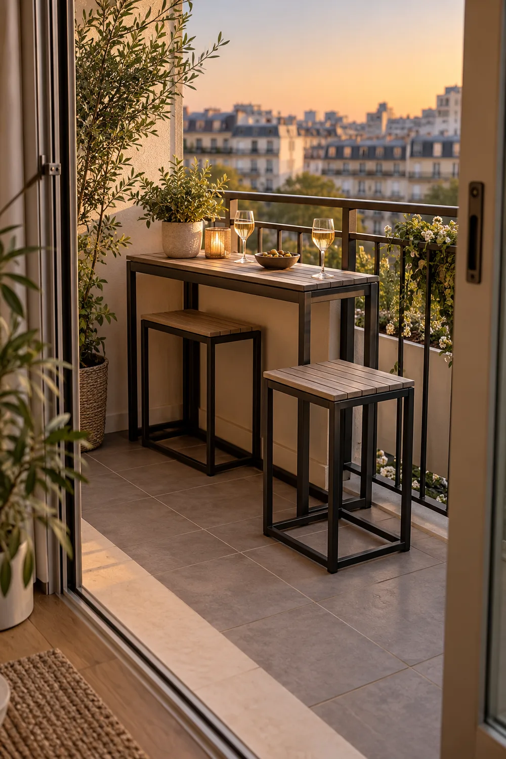 Nesting stools tucked under a slim balcony table