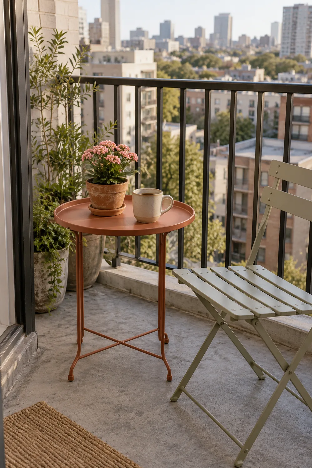 Small balcony with a refurbished terracotta-colored metal side table