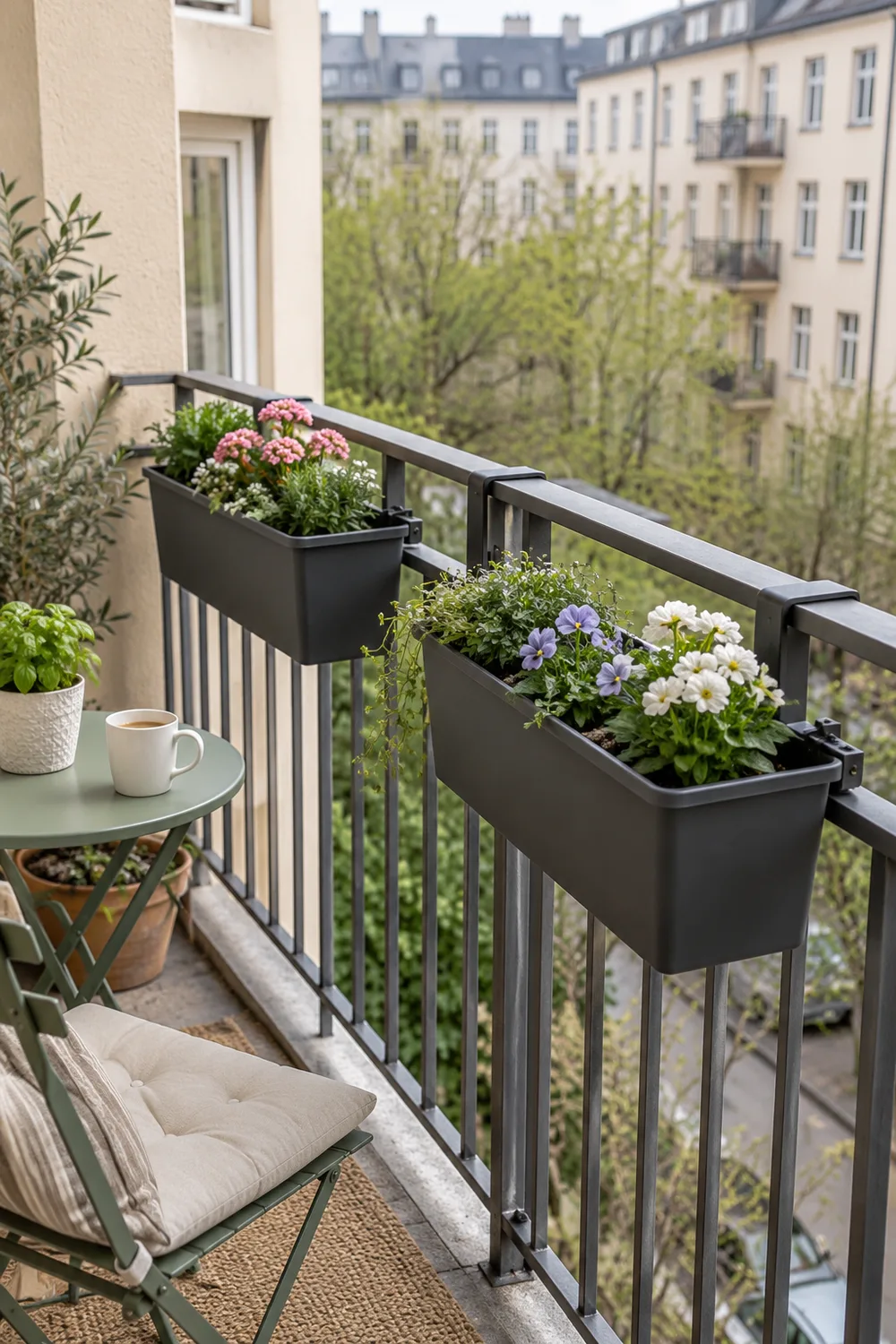 Small flowering planters clamped securely inside a balcony railing