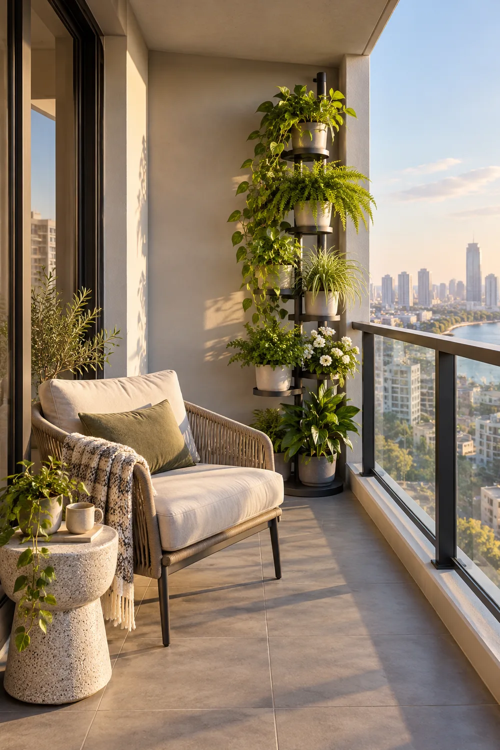 Tall freestanding corner plant tower beside one balcony chair