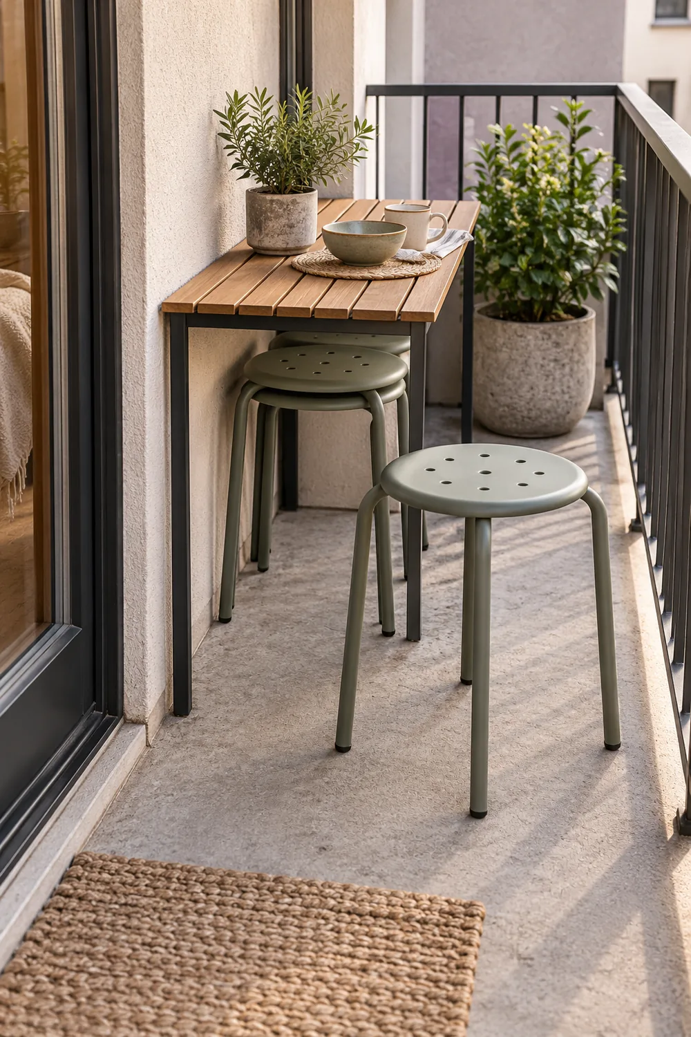 Narrow balcony with two stackable outdoor stools beneath a slim table
