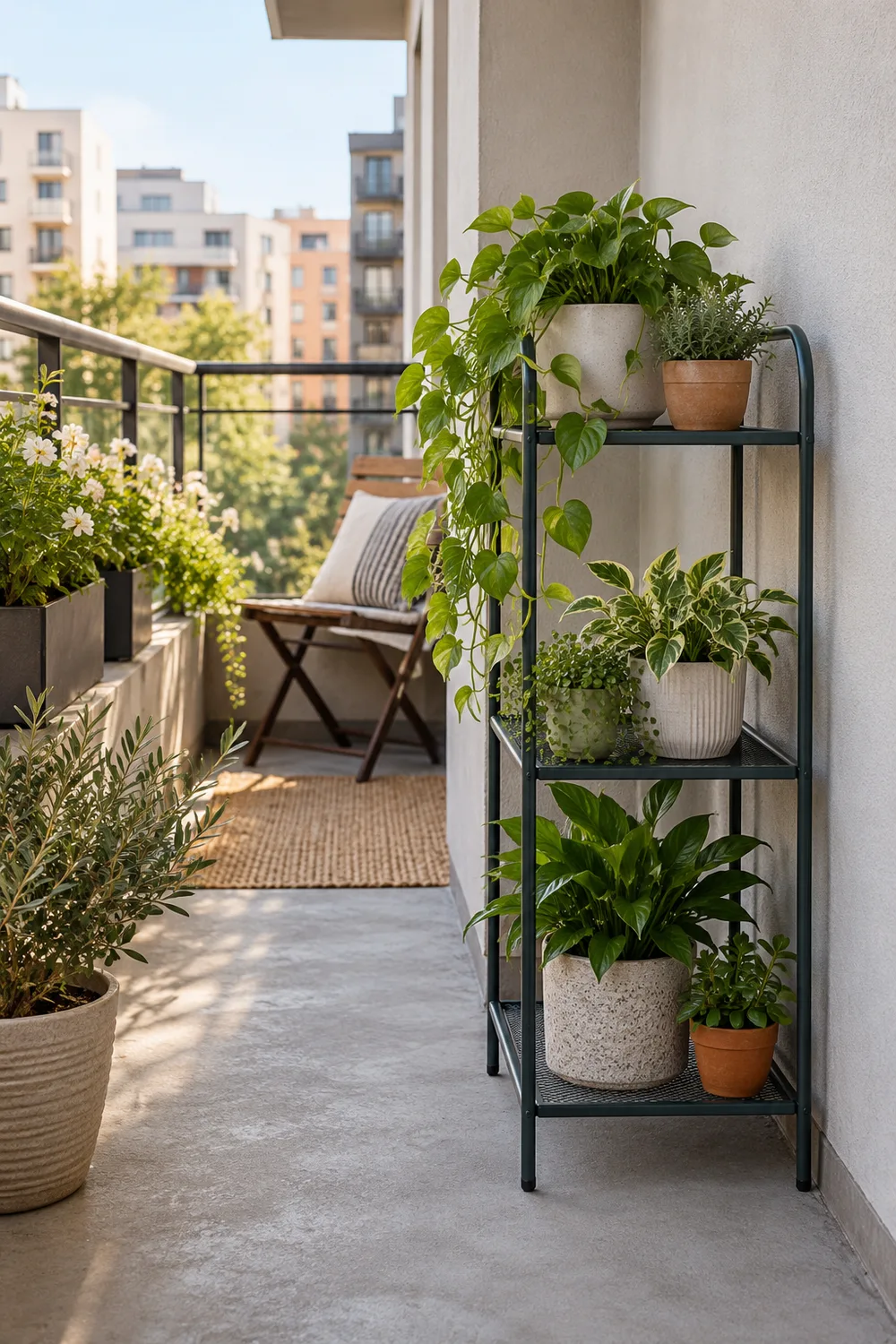 Shallow freestanding shelf holding potted plants on an apartment balcony