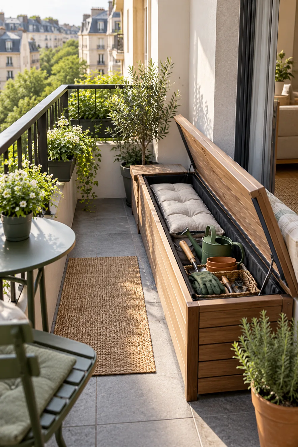 Outdoor bench with lift-up storage for cushions and gardening supplies