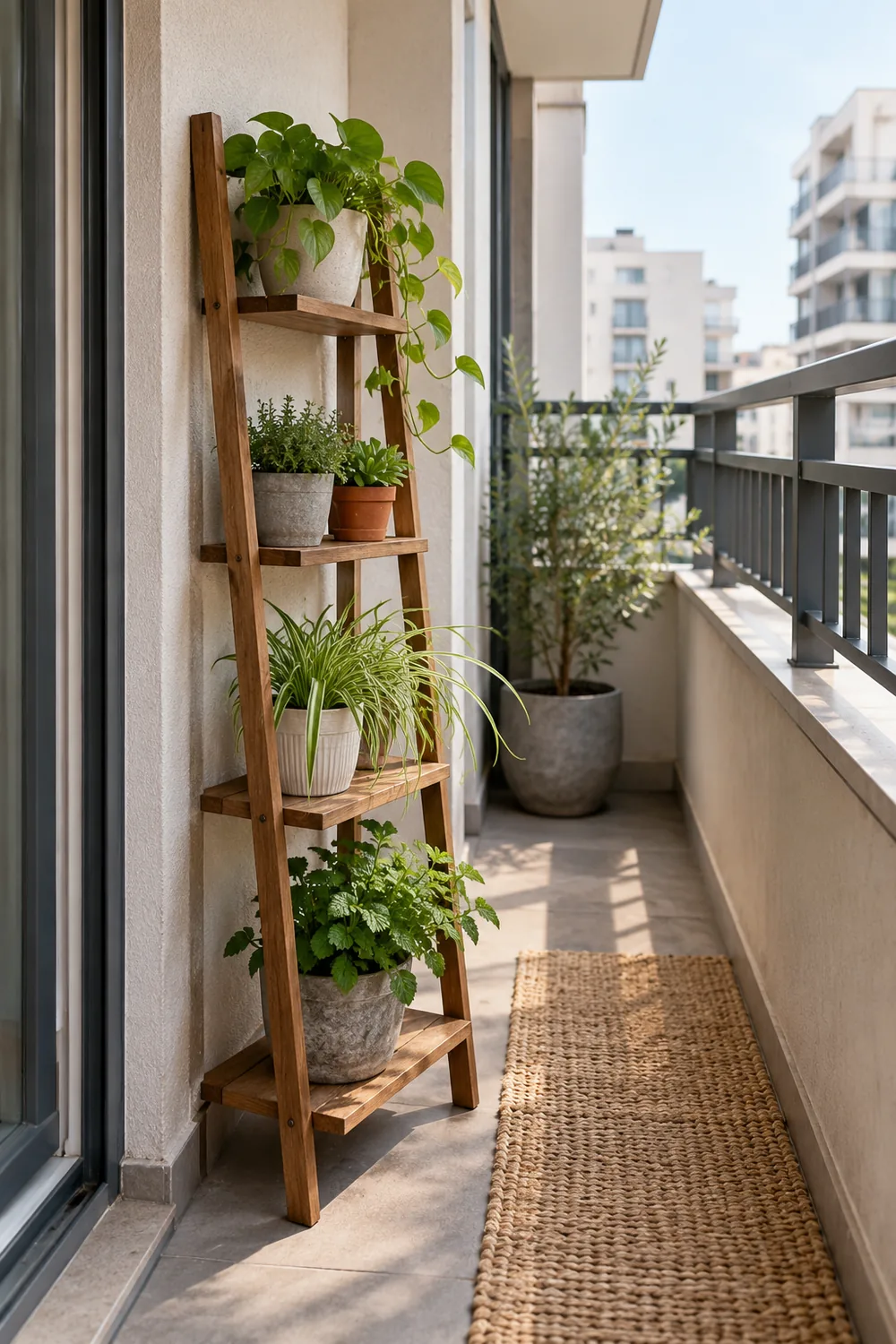 Narrow balcony with a freestanding wooden ladder shelf of plants
