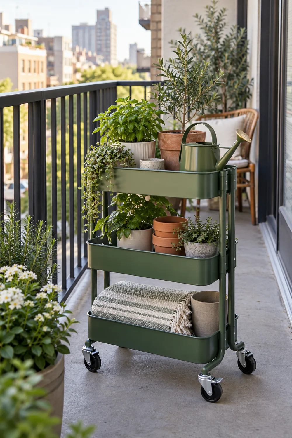 Green rolling cart with plants and watering supplies on a slim city balcony