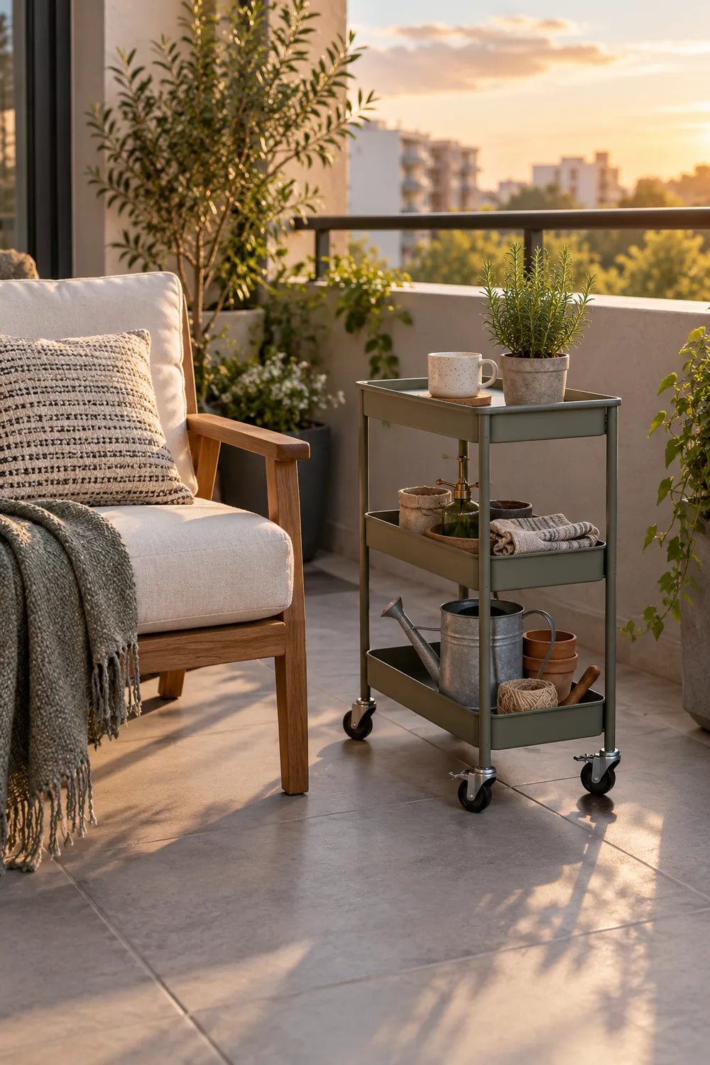 Narrow rolling cart serving a balcony chair and plant corner