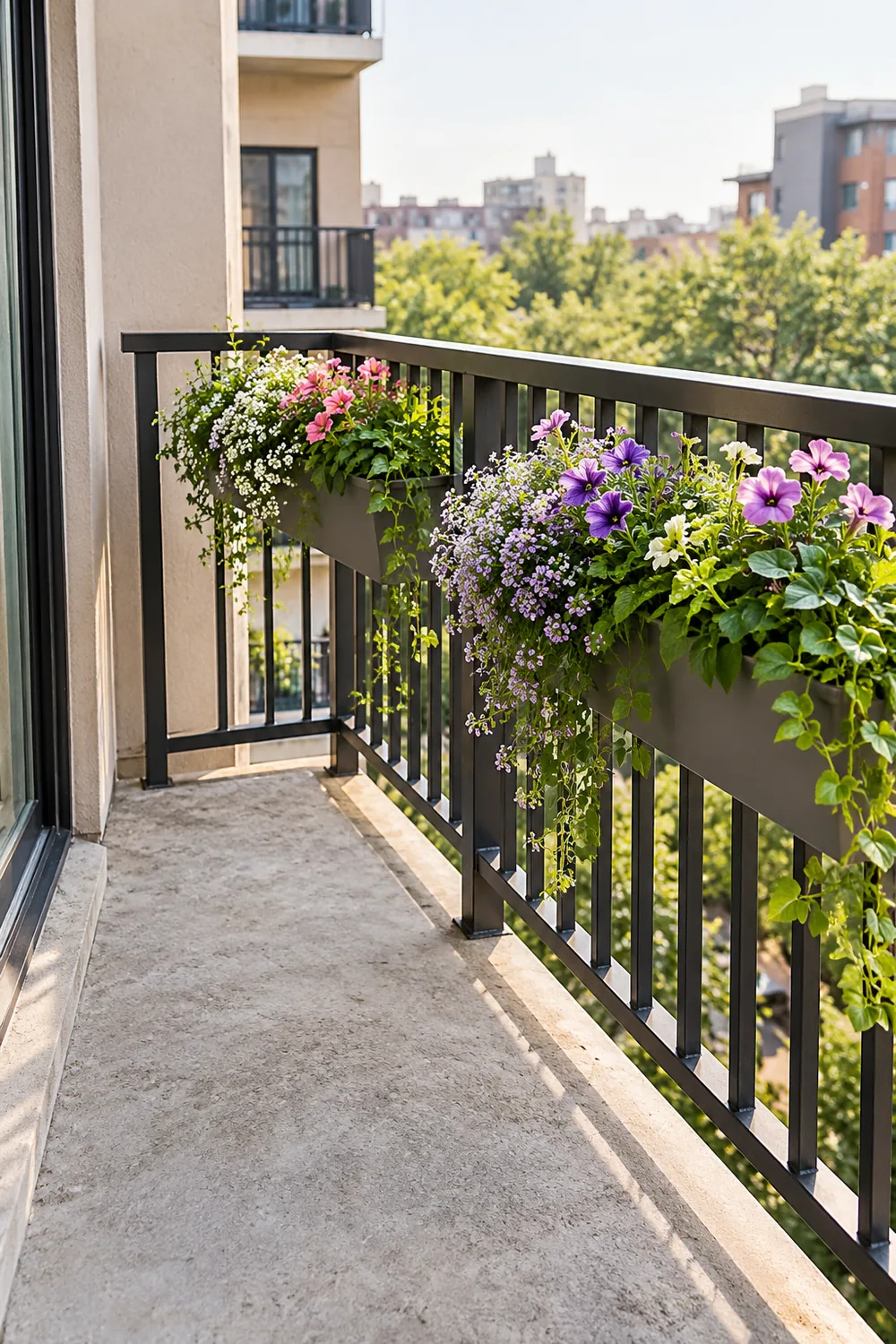 Apartment balcony with flowering planters secured inside the railing