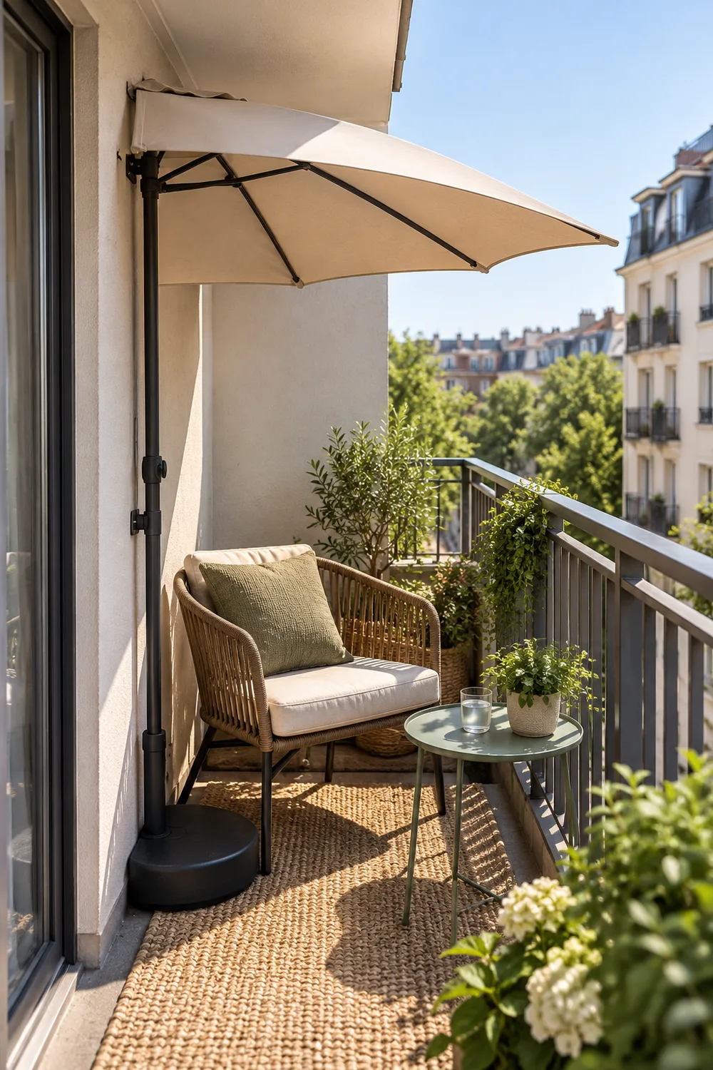 Small freestanding umbrella shading one chair on a balcony