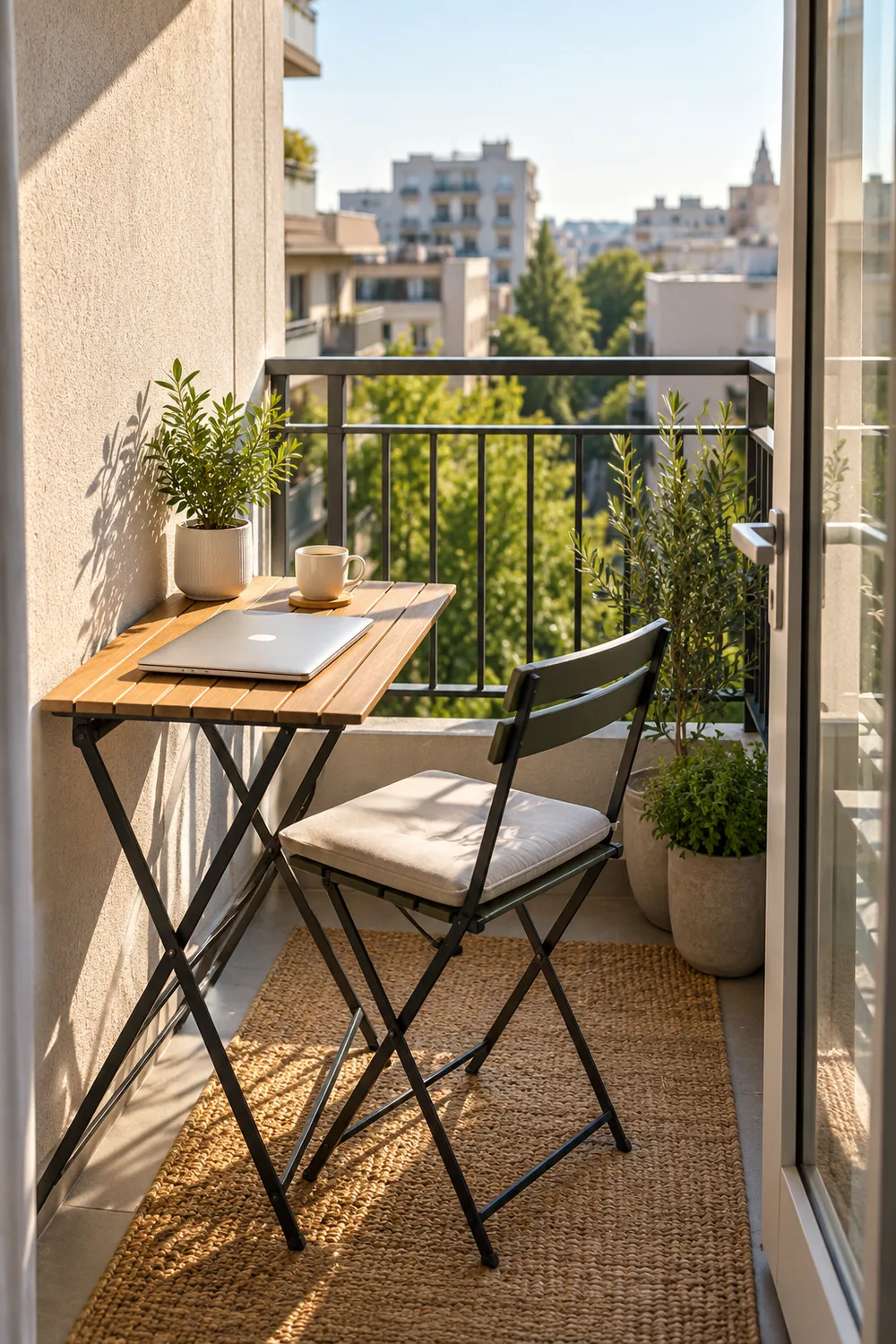 Small freestanding folding desk and chair used as an occasional balcony workspace