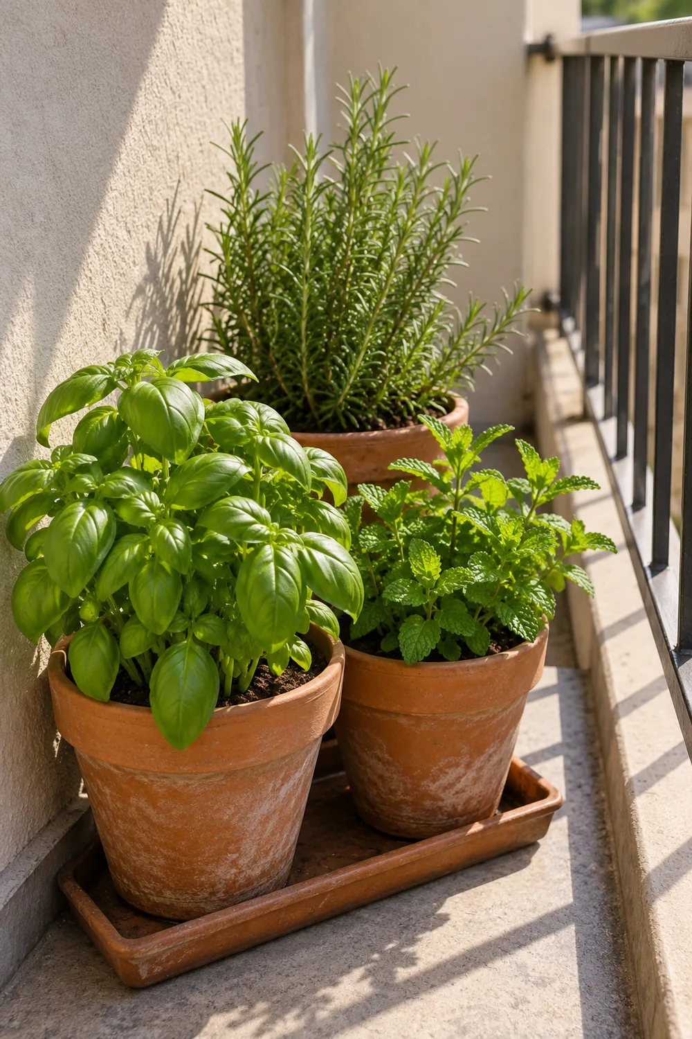 Sunny apartment balcony with small pots of basil mint and rosemary