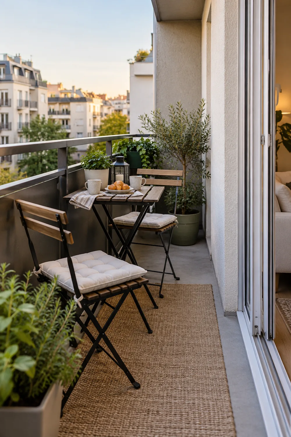 Folding bistro table and chairs on a compact rental balcony