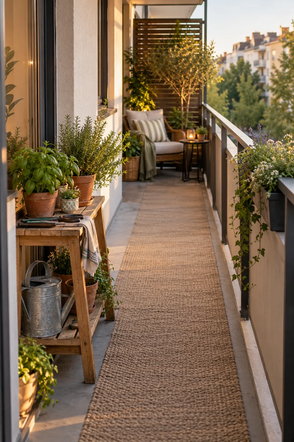 Long balcony with a compact herb station near the door and a lounge chair at the far end