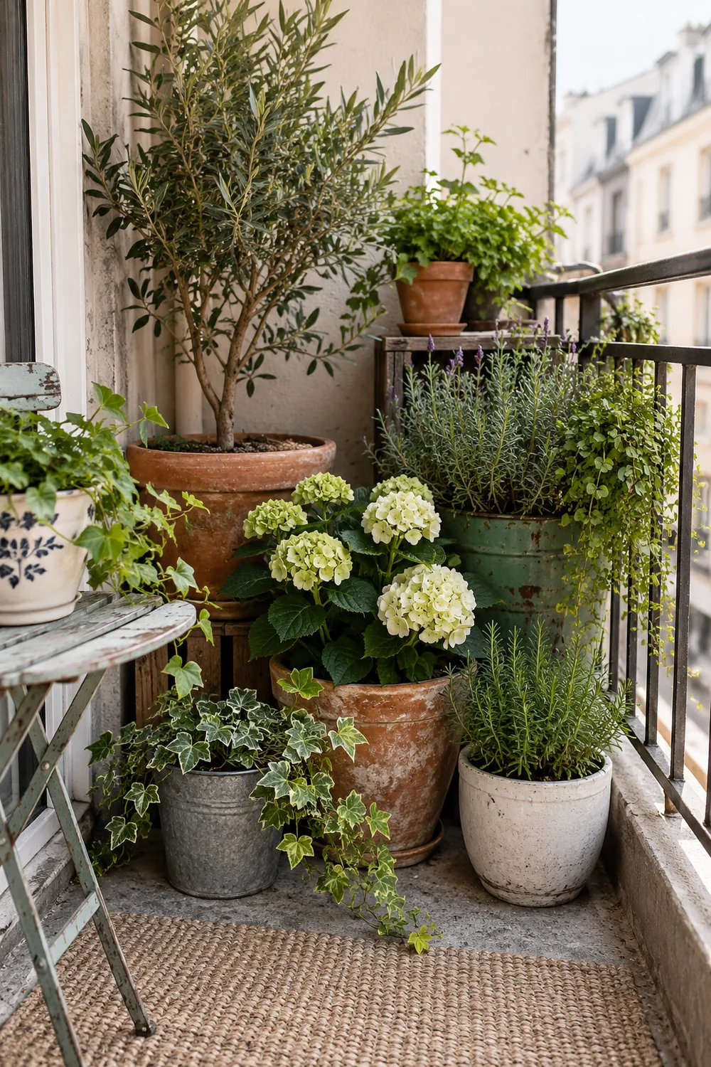 Balcony corner with varied thrifted ceramic and terracotta planters