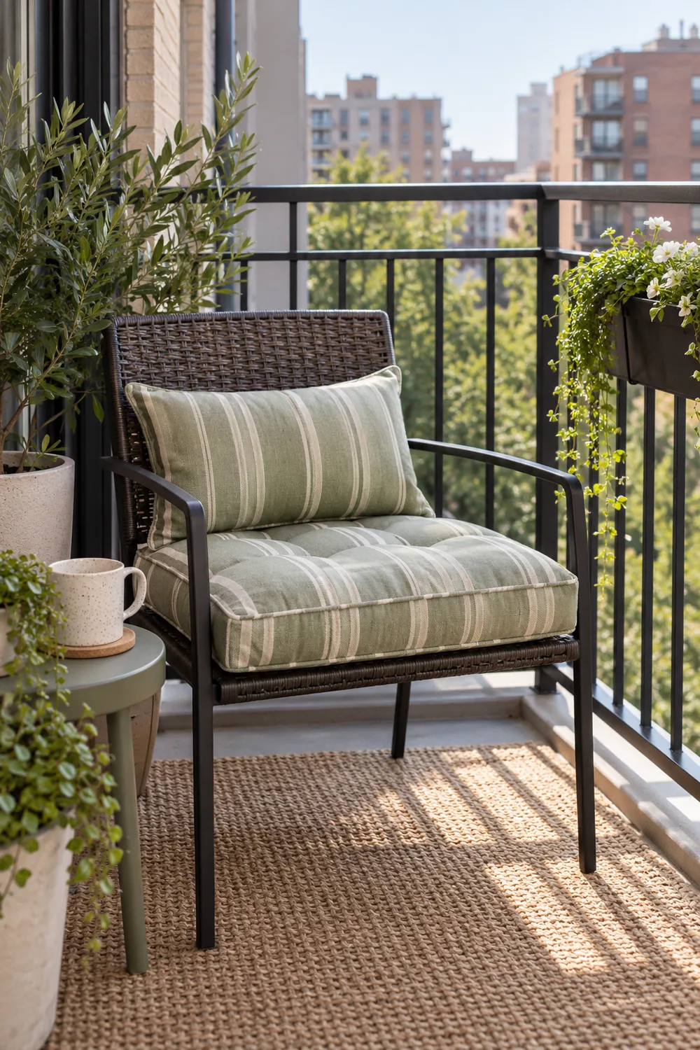 Neutral outdoor seat cushions on folding balcony chairs