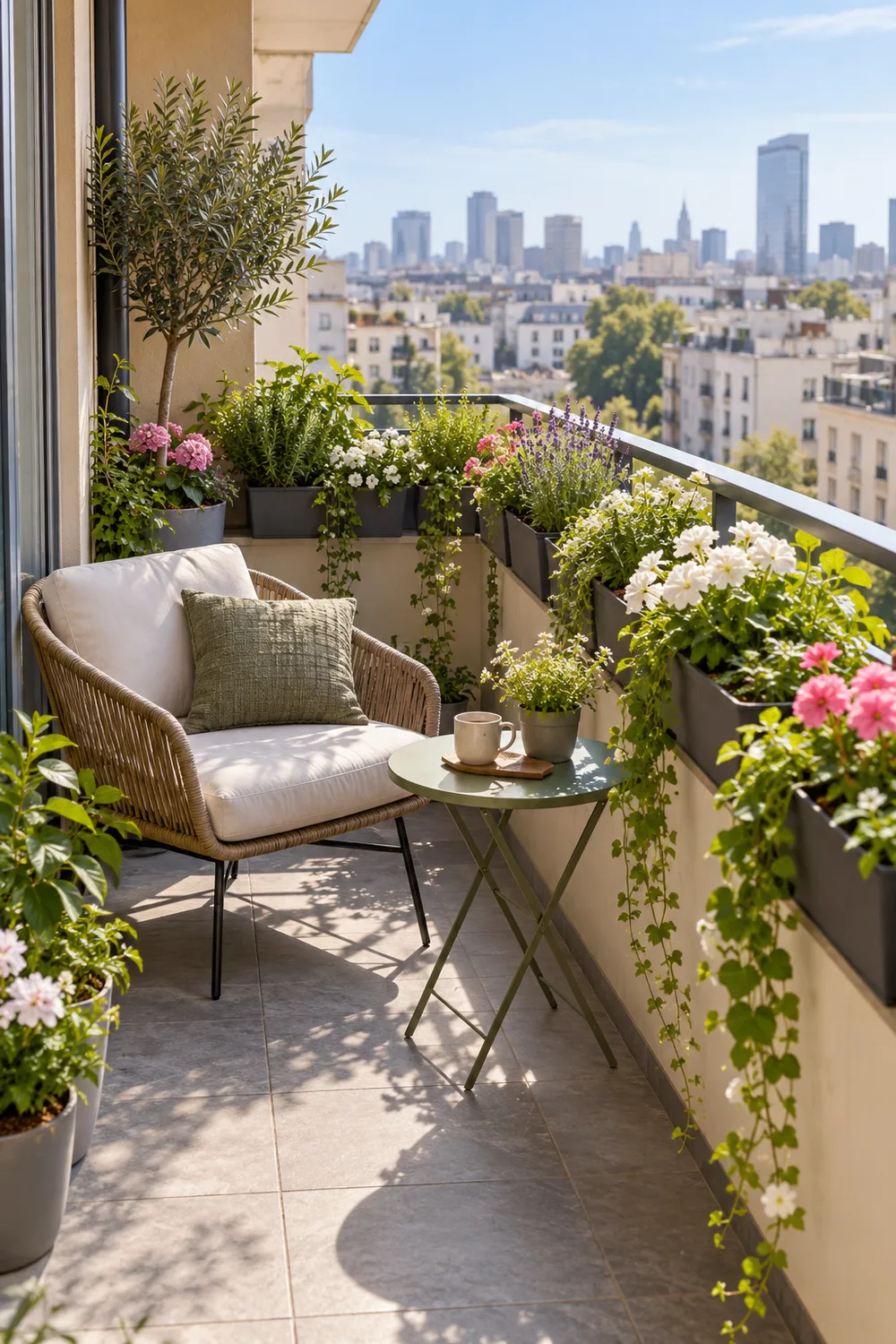 Flower planters arranged around the inside edge of a small balcony