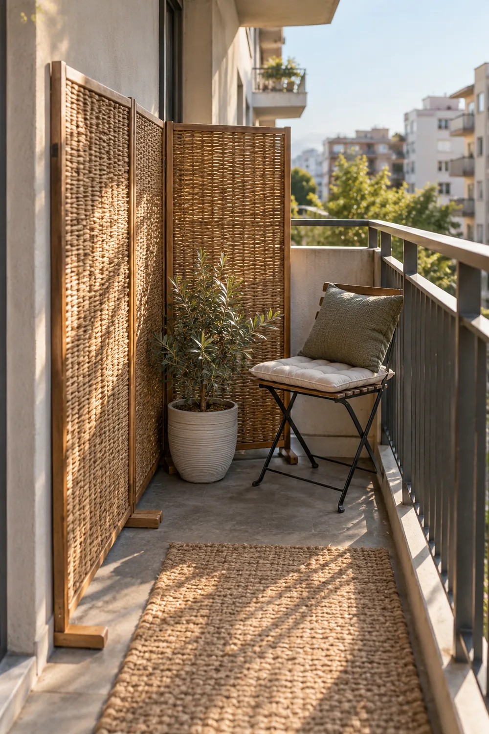Small balcony seating corner beside a freestanding woven privacy screen