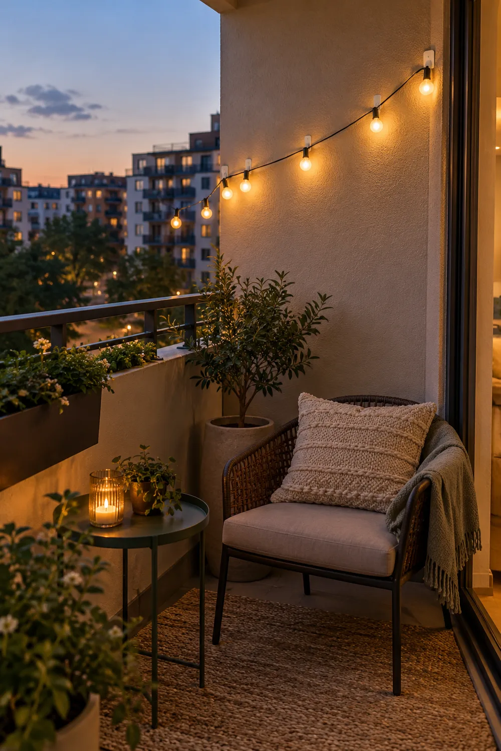 Warm battery-powered string lights clipped along a balcony railing