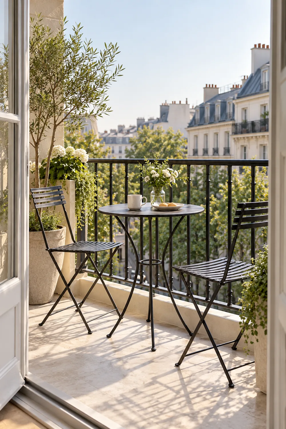 Airy metal bistro chairs and slim table on an uncluttered balcony