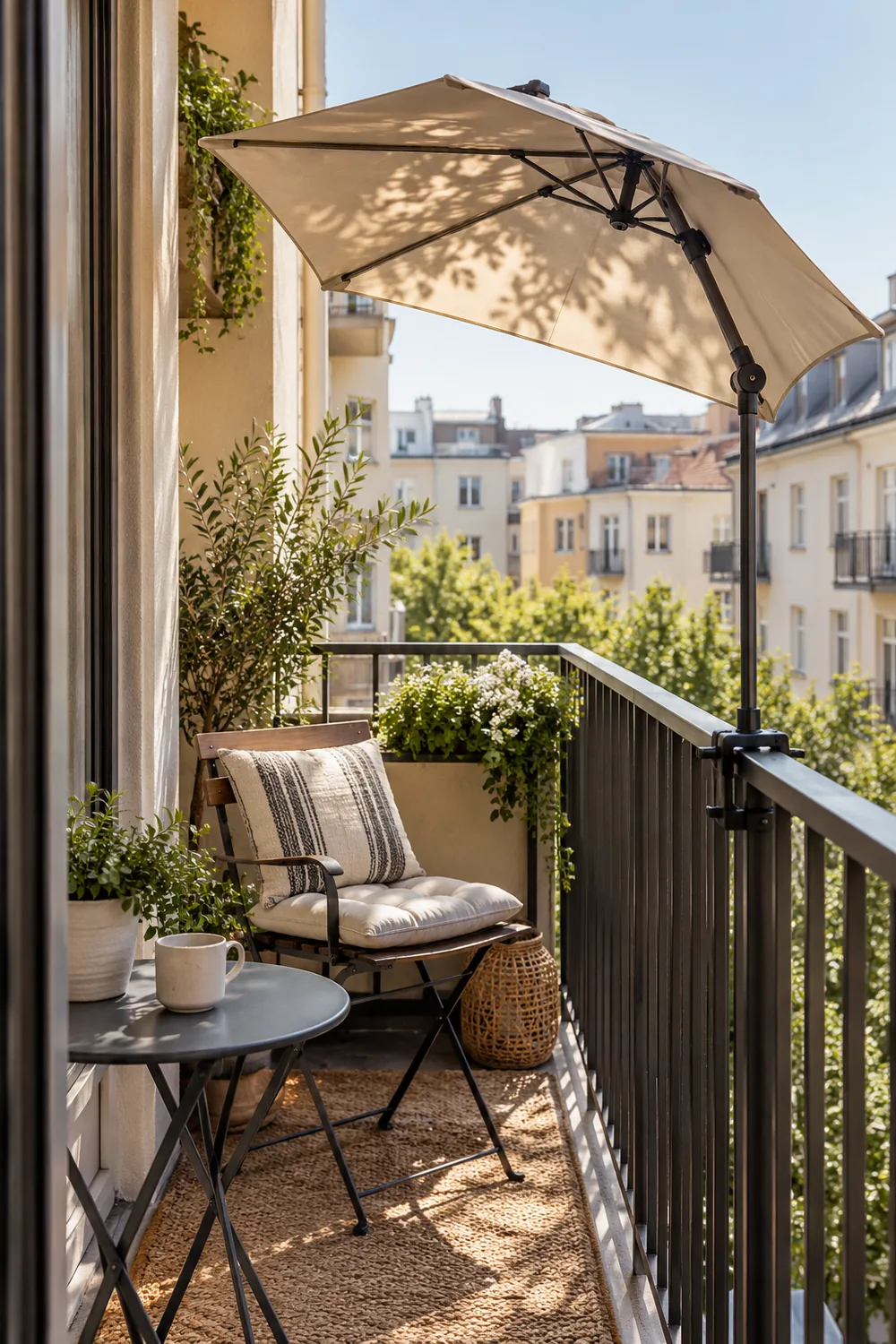 Tiny apartment balcony with a modest clamp-on shade umbrella