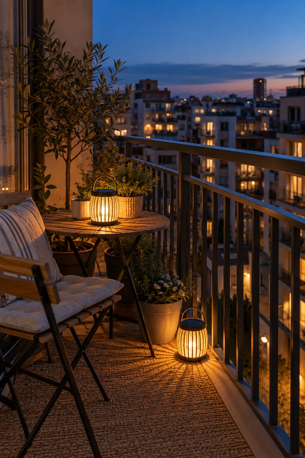 Two portable solar lanterns glowing around a balcony bistro table