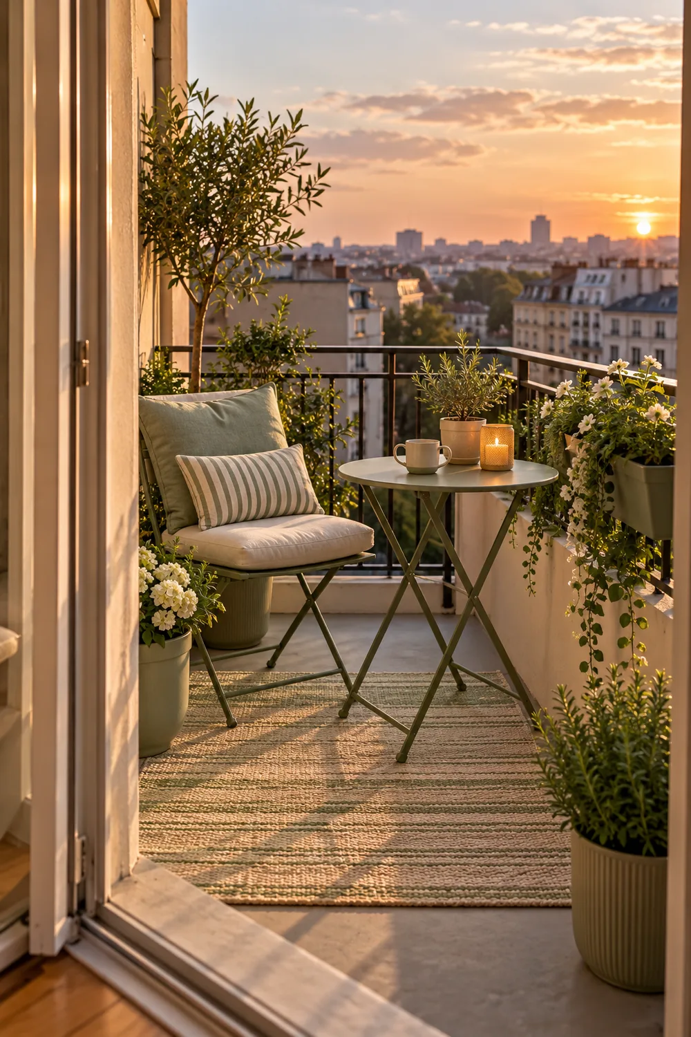 Cream and muted sage balcony decor with a light rug and compact furniture