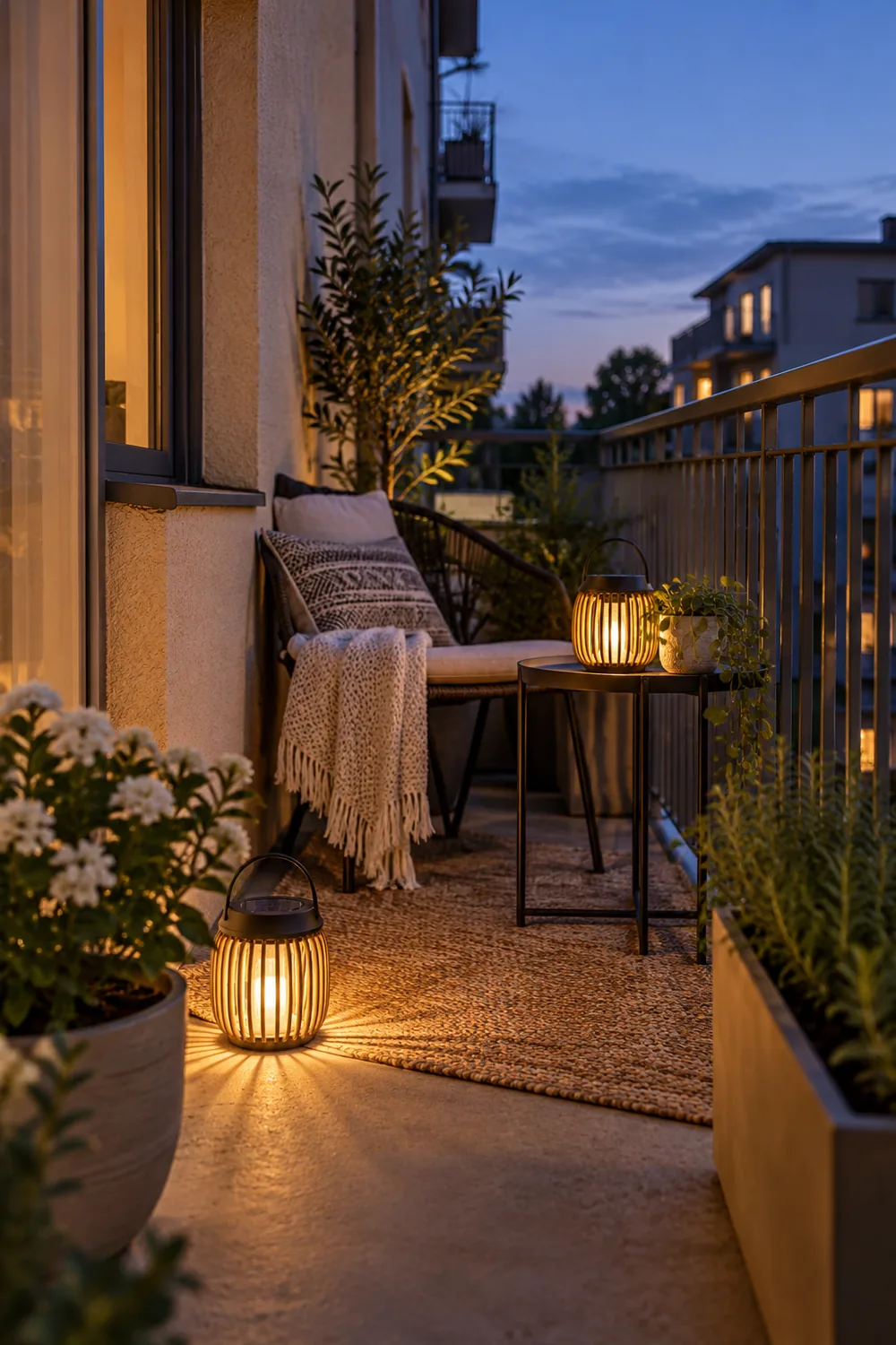 Apartment balcony at dusk with two glowing solar lanterns