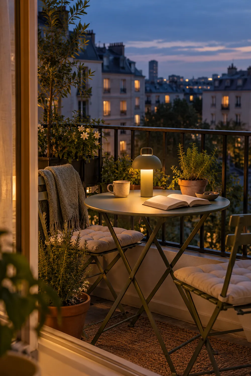 Cordless rechargeable table lamp lighting a small balcony table at dusk